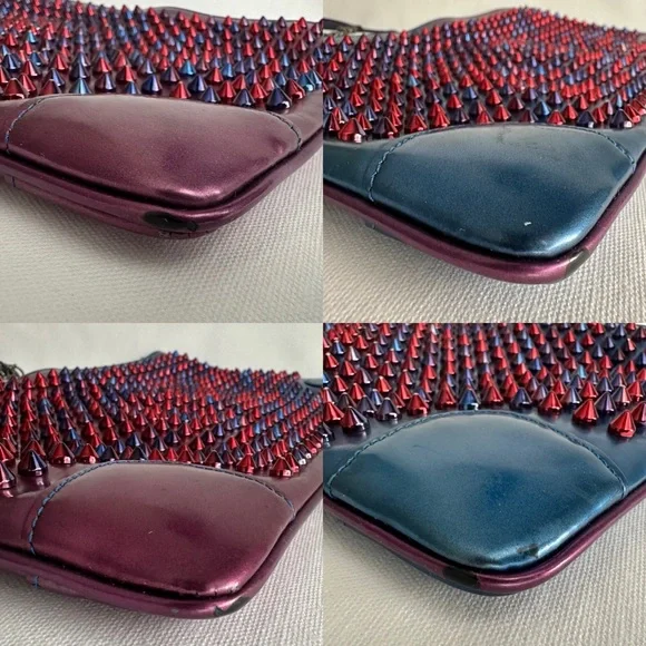 ✨CHRISTIAN LOUBOUTIN Loubiposh Patent Scarabe Spikes Chain Clutch Bag Rose Blue - Picture 7 of 16